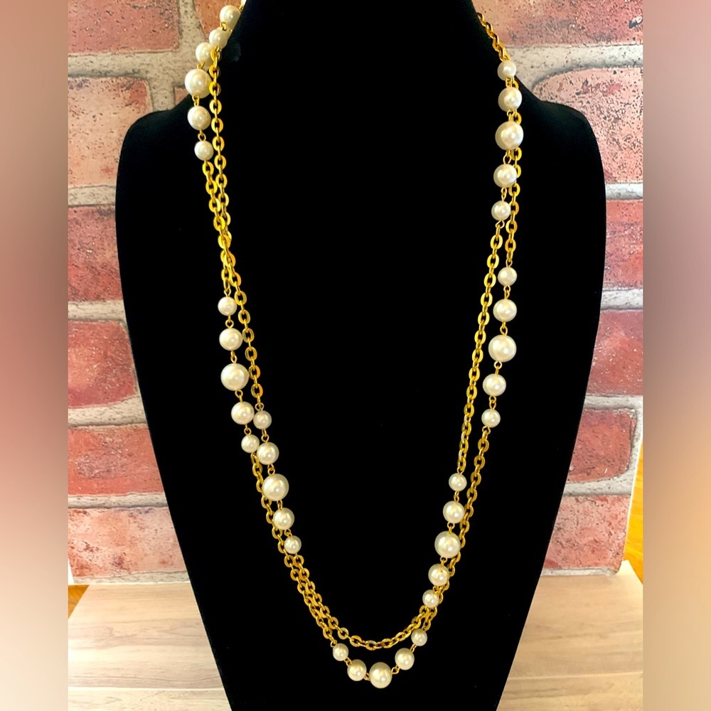 Vintage Faux Pearl Golden Link Chain Long Necklace